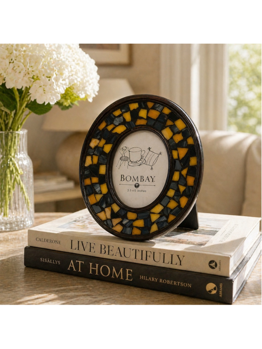 Bombay Company Mosaic Round Picture Frame 3.5x5 Blue Yellow Resin Inlay Decor